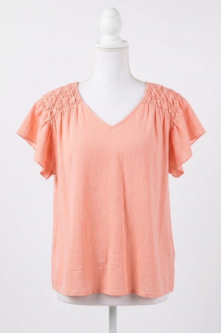 NEW ODDI ruffle sleeve v-neck woven top in peach